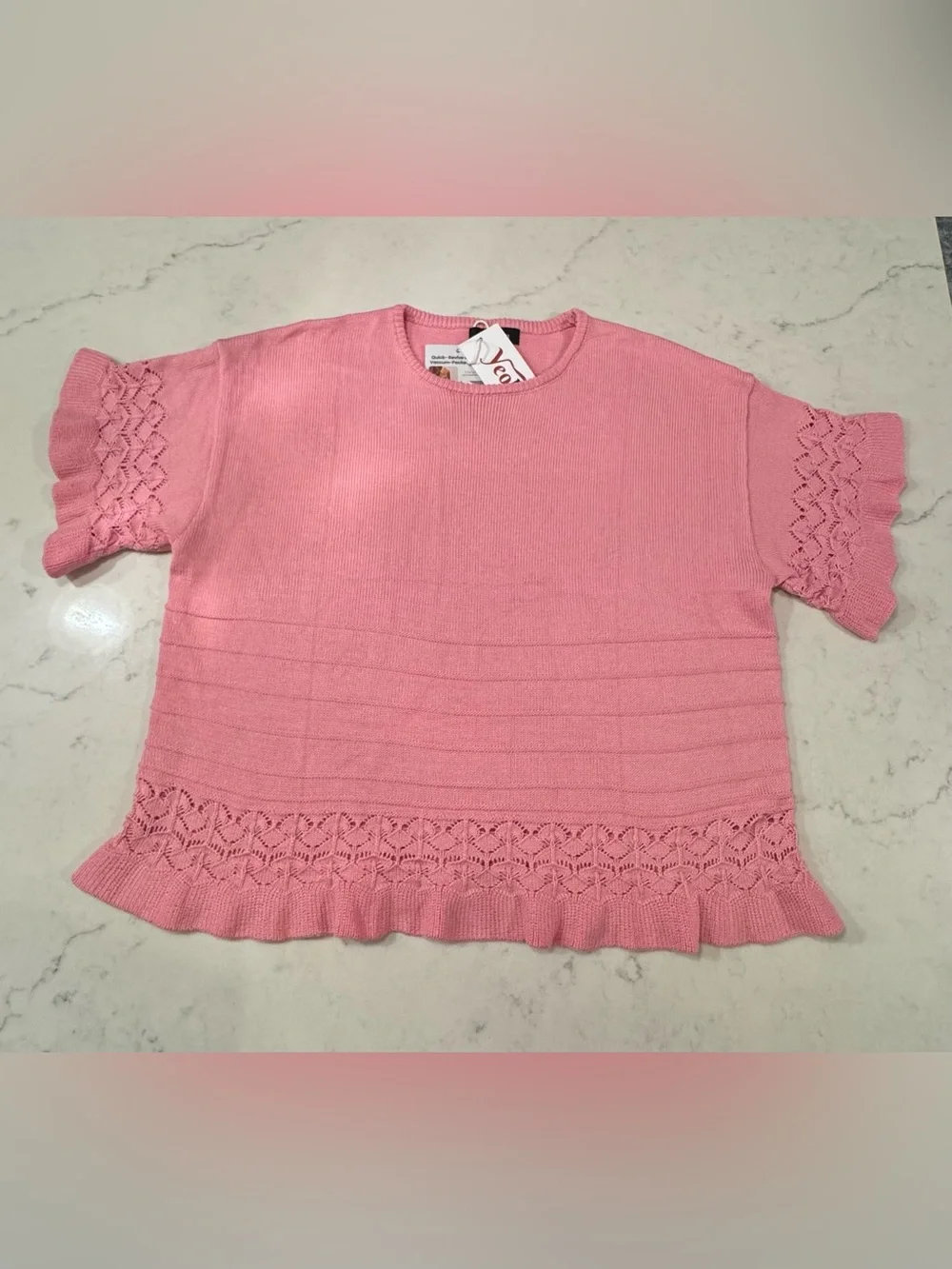 Women's Pink Knit Short-Sleeve Sweater with Lace-Trim Hem - Picture 1 of 9